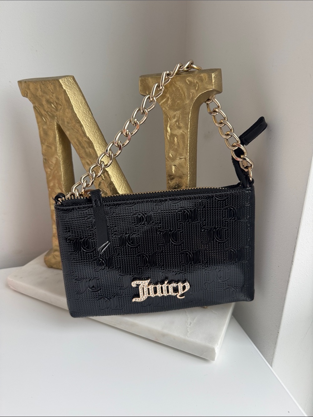 Juicy Couture Black Patent Logo-Embossed Wristlet with Gold Chain